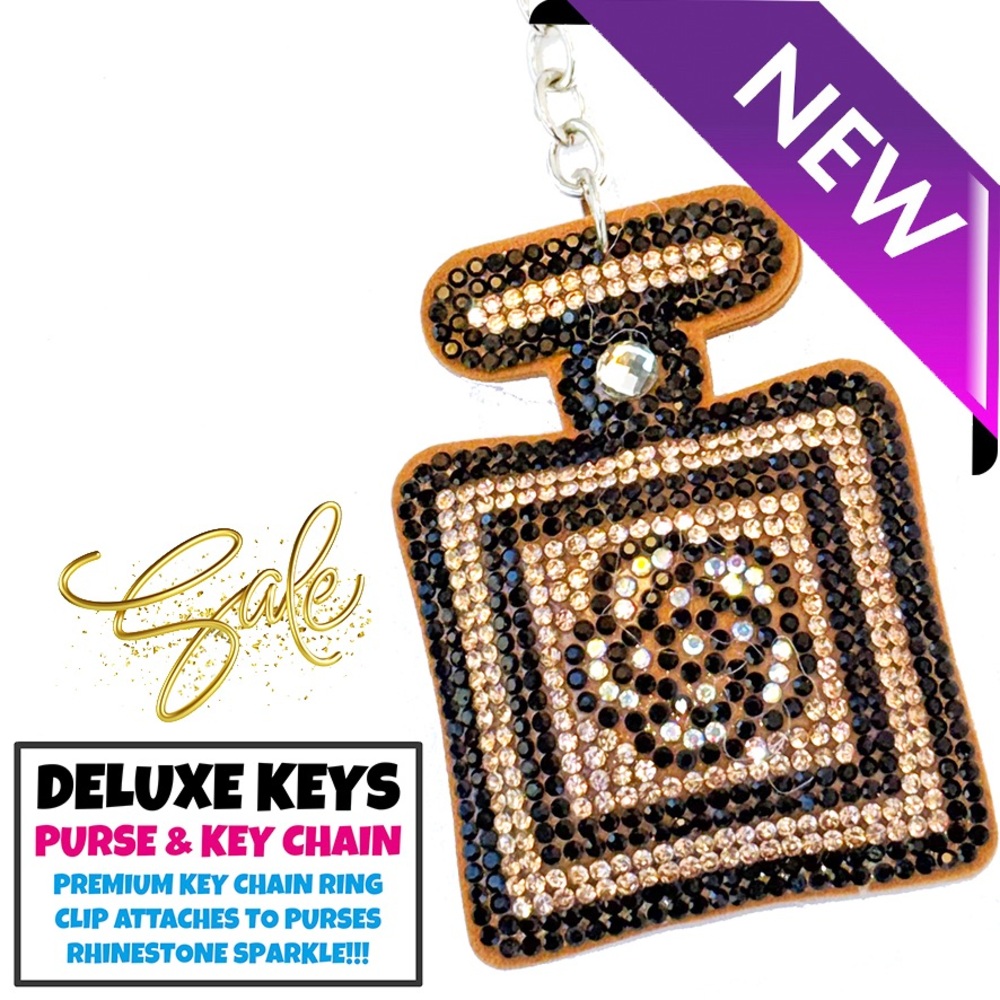 DeLuxe Keys Rhinestone Keychain/Purse Chain Beige Perfume Floral Bottle
